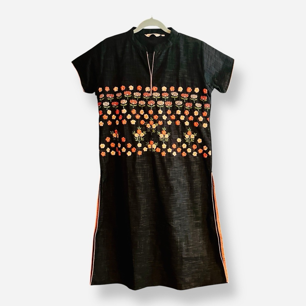 Aamyra Womens Embellished Short Sleeve Kurti Kurta Black‎ Floral Orange XL Tunic